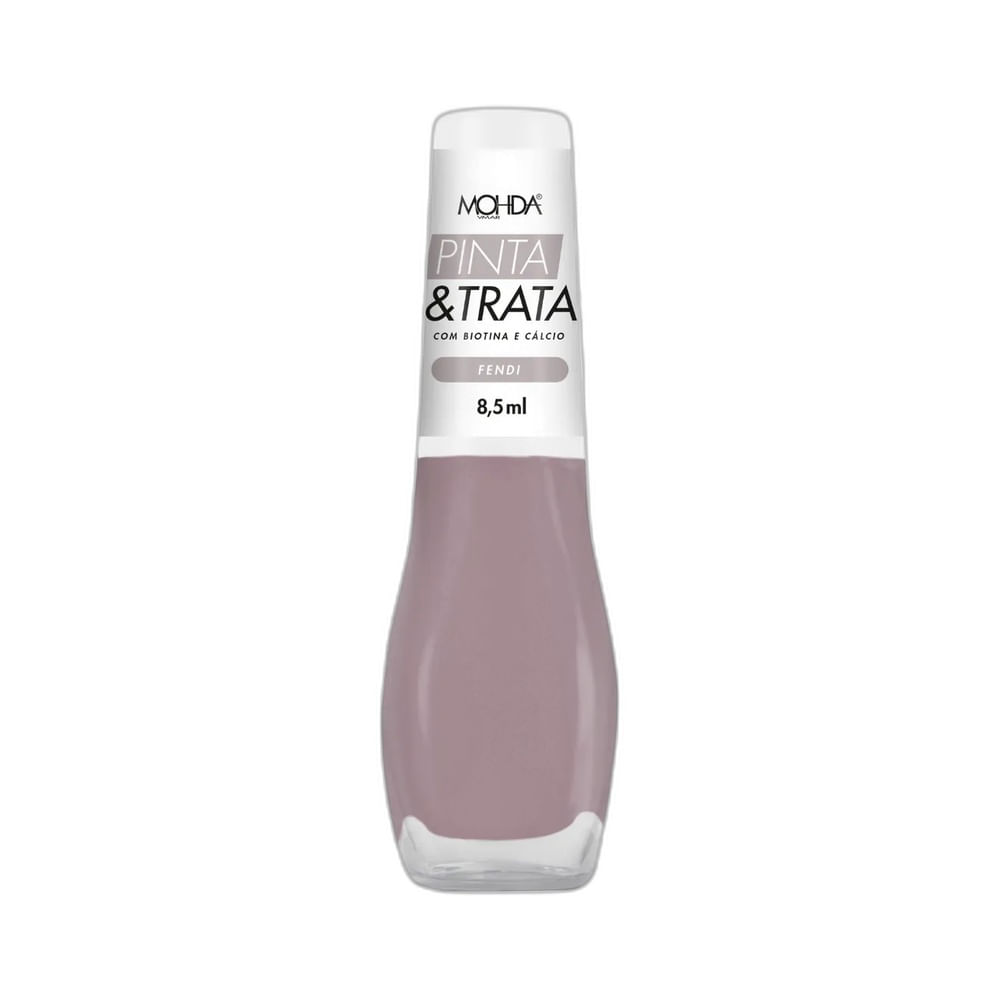 Esmalte Mohda Pinta e Trata Fendi, frasco curvado com tampa branca e cor nude acinzentado.